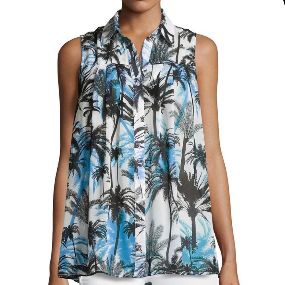 Neiman Marcus Palm Tree Button Down Sheer